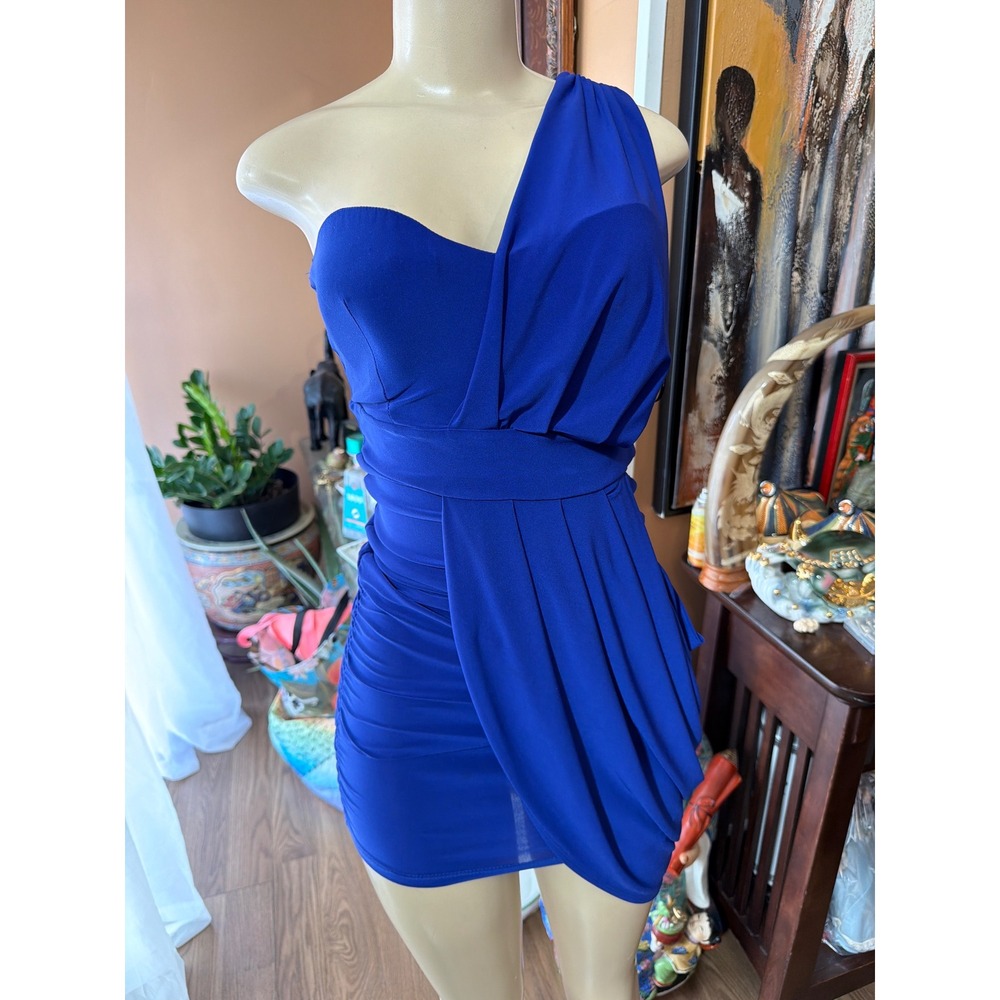 Symphony Royal Blue One Shoulder Draped Bodycon Mini Dress Womens Medium D-12764